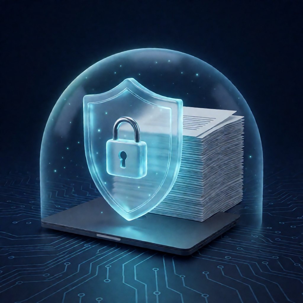 Shield and padlock protecting a stack of documents and a laptop