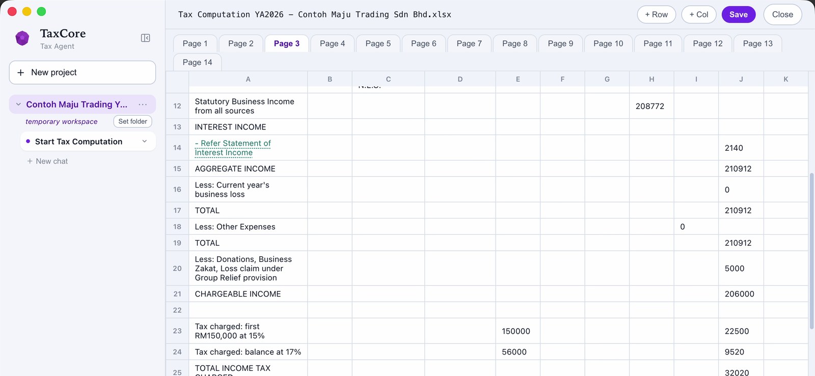Tax computation workbook prepared by TaxCore for a sample company